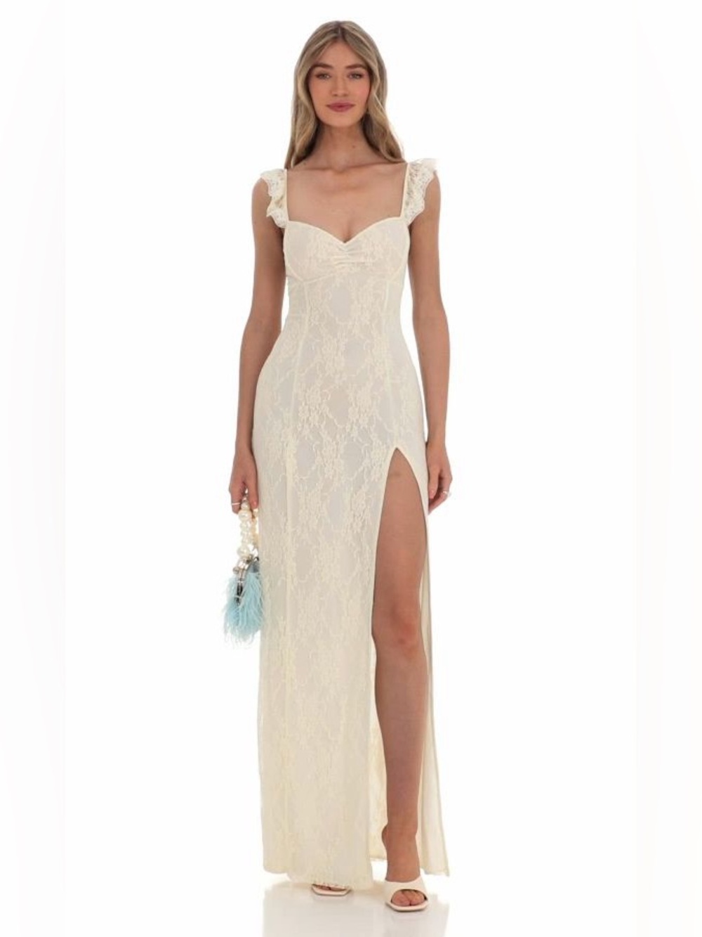 Lucy in the Sky Lace Ruffle Sleeve Maxi Dress in Cream, S, NWT